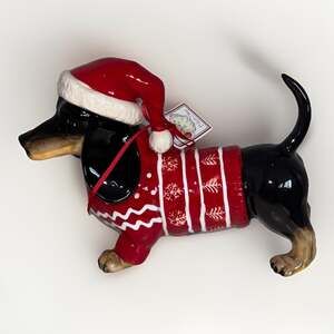 Dachshund Dog Christmas Red Sweater Blue Sky Ceramic Figurine Santa Hat NEW